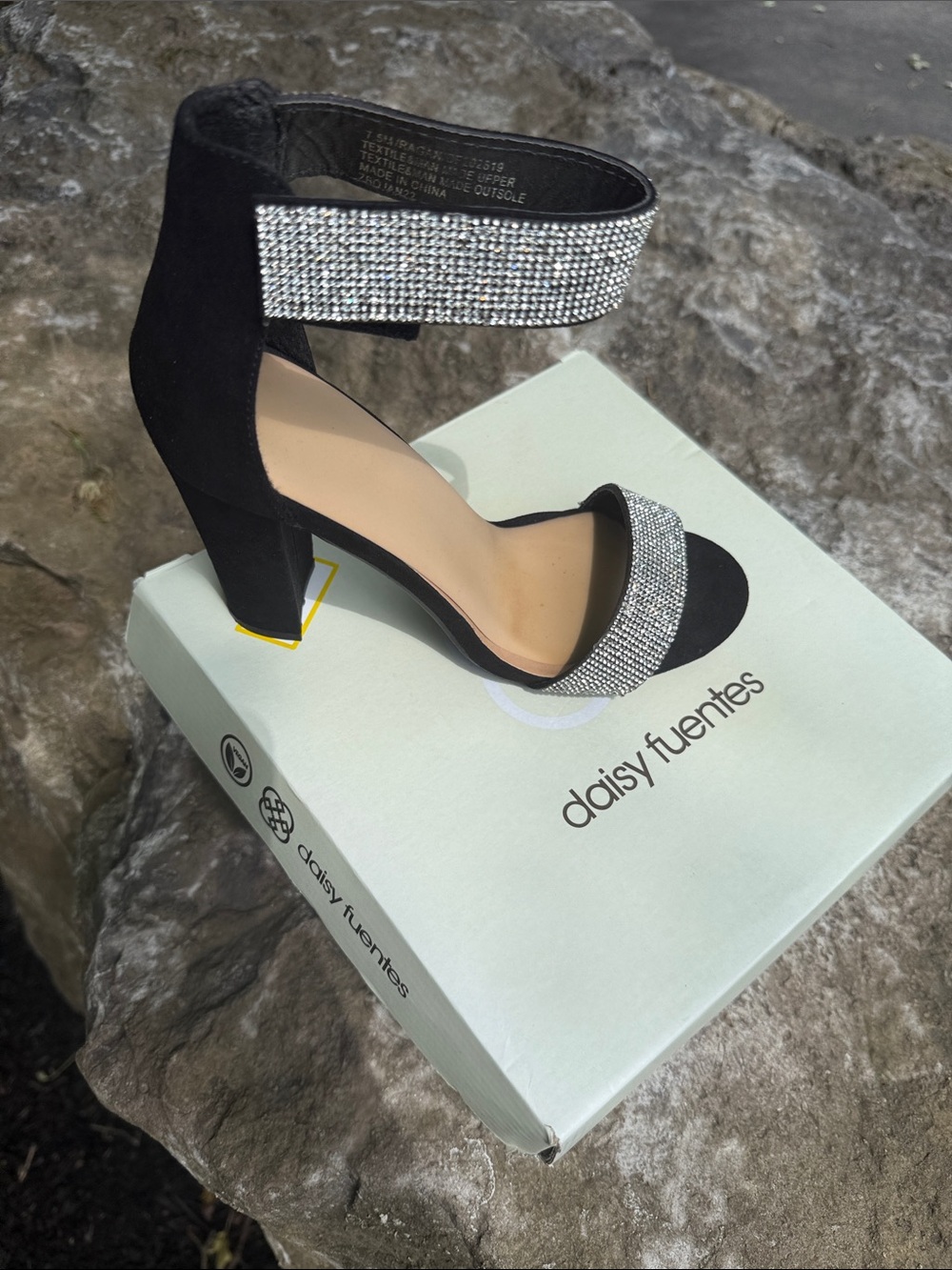 Daisy Fuentes Black Suede Block Heel Sandal with Crystal Straps
